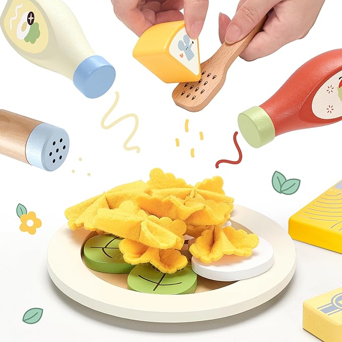 Pasta Food Toys, Wooden Play Kitchen Food , Play Food with Pots and Pans Playset, Kids Pretend Play Kitchen Accessories Toys Set for Girls Boys 3+Years Old