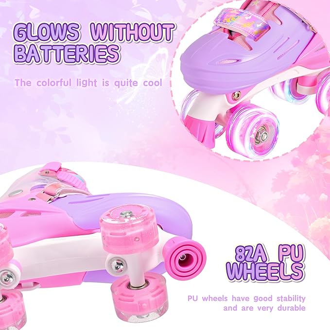 2PM SPORTS Roller Skates for Girls Boys Kids Age 4-6 5-8 6-12 8-12 with Light Up Wheels, Adjustable Youth Rollerskates Size 10C 11C 12C 13C 1 2 3 4 5 6