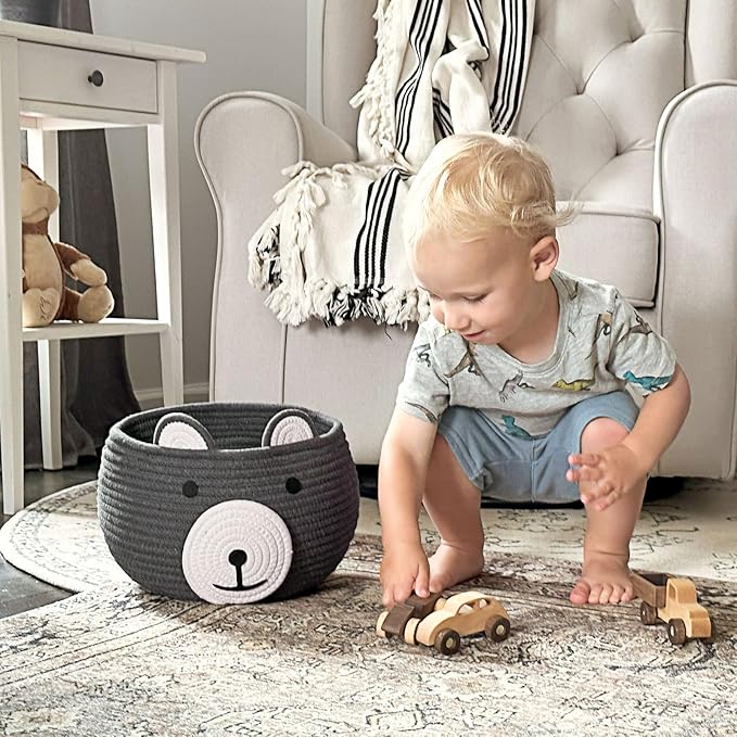CherryNow Baby Basket for Nursery, Bear Gift Baskets for Kids, Empty Baby Shower Basket with Handles, Small Cute Animal Cotton Rope Baskets, Grey, 10.5"D x 8.5"H
