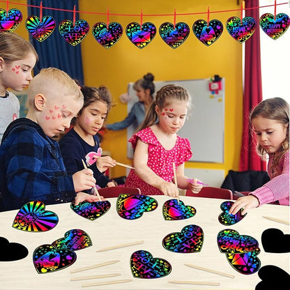 JULMELON Valentines Crafts for Kids, 48 PCS Heart Rainbow Scratch Art Valentines Day Cards for Kids Classroom Scratch Paper Art for Valentines Day Gifts Party Favors with 8 Pcs Valentines Day Stencils