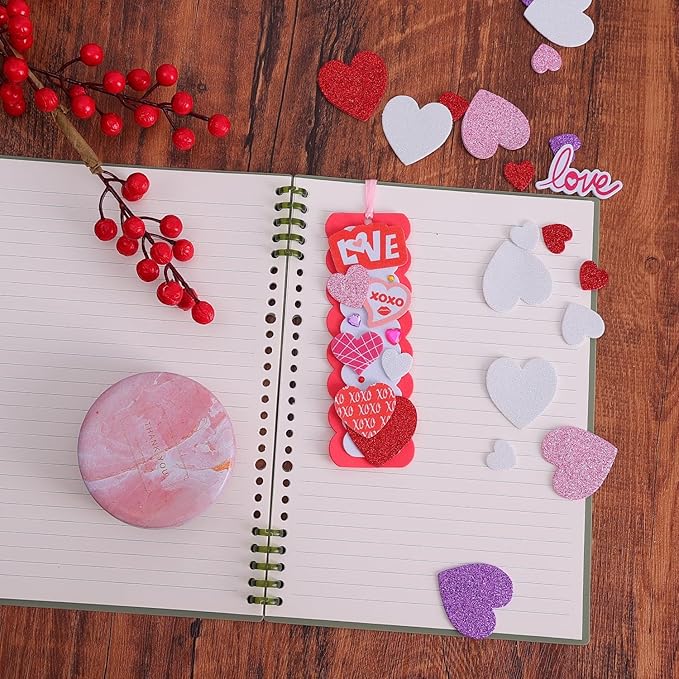 Craft Kit, DIY Bookmarks Valentine Art Deco Decorations, 36 Sets Self Adhesive Heart Stickers for Kids Party Favors Fun Classroom Home Activities
