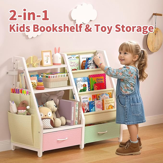 Twinkoo Kids Bookshelf and Toy Storage, Sturdy 3 Tier Kids Bookcase, Sling Bookshelf and 2 Toy Boxes, Toddler Montessori Bookshelf with Toy Organizer, for Kids Room, Game Room, Nursery