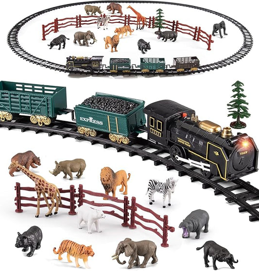 Safari Animals Figures Toy Train Set, Electric Locomotive with Light & Sound, Wildlife African Jungle Zoo Miniature Toys Cake Toppers Bulk Toddler Stocking Stuffers Gift for 3 4 5 Year Old Boys