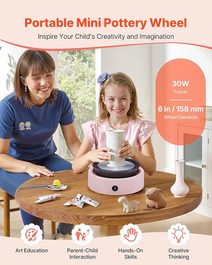 VEVOR Mini Pottery Wheel for Kids and Adults Beginners, 6" Turntables & Speed Adjustable, Complete Pottery Kit With Air Clay Art Supplies Sculpting Tools for Girls Birthday Christmas Craft Gifts, Pink