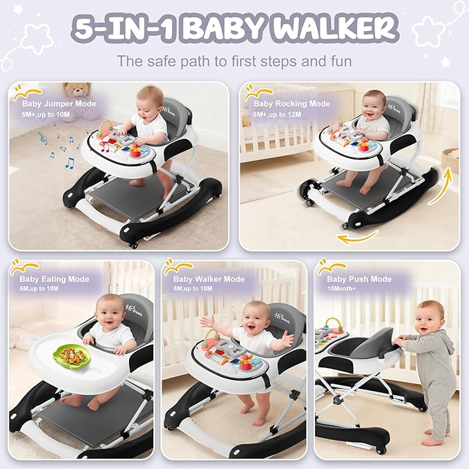 5-in-1 Foldable Baby Walker,Music and Lights Baby Walker with Wheels,Height Adjustable Infant Walker, with Activity Center, Rocker, Bouncer,Push Walker & Feeding Tray for Babies 6-18 Months (Black)