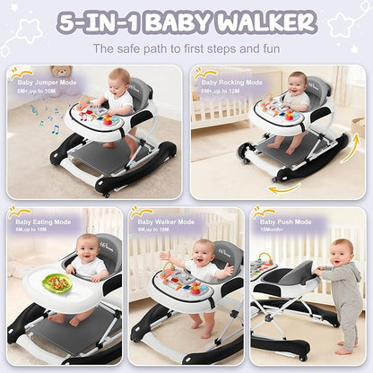 5-in-1 Foldable Baby Walker,Music and Lights Baby Walker with Wheels,Height Adjustable Infant Walker, with Activity Center, Rocker, Bouncer,Push Walker & Feeding Tray for Babies 6-18 Months (Black)