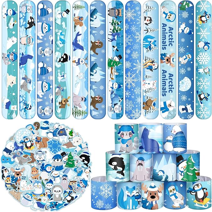 74 PCS Winter Arctic Animal Party Favors, 50 PCS Arctic Animal Stickers 24 PCS Arctic Animal Slap Bracelets Winter Arctic Polar Animal Birthday Party Decorations Supplies for Kids Classroom Rewards