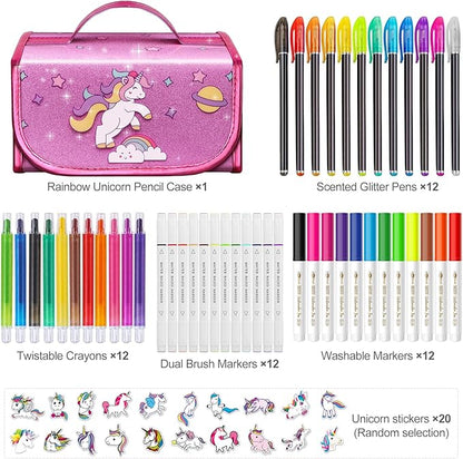 beefunni Unicorn Washable Markers Set 48 pcs with Glitte Pencil Case, Art Supplies for Kids Ages 4-6-8, Arts Crafts Coloring Set with Unicorn Stickers - Birthday Gifts for Girls 4 5 6 7 8 9 Year Old