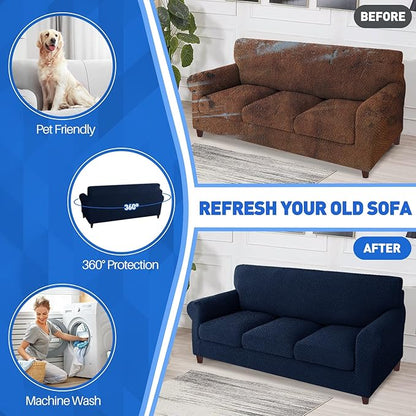 MAXIJIN 4 Piece Couch Covers for 3 Cushion Couch Super Stretch Non Slip Couch Cover for Dogs Pet Friendly Elastic Jacquard Furniture Protector Sofa Slipcovers (Sofa, Navy Blue)