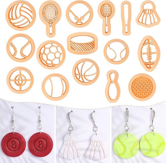 Puocaon Sports Polymer Clay Cutters - 16 Shapes Clay Cutters for Jewelry Making, Sports Theme Clay Earring Cutters, Tennis Badminton Billiards Clay Cutters, Plentiful Sports Clay Jewelry Cutters Set