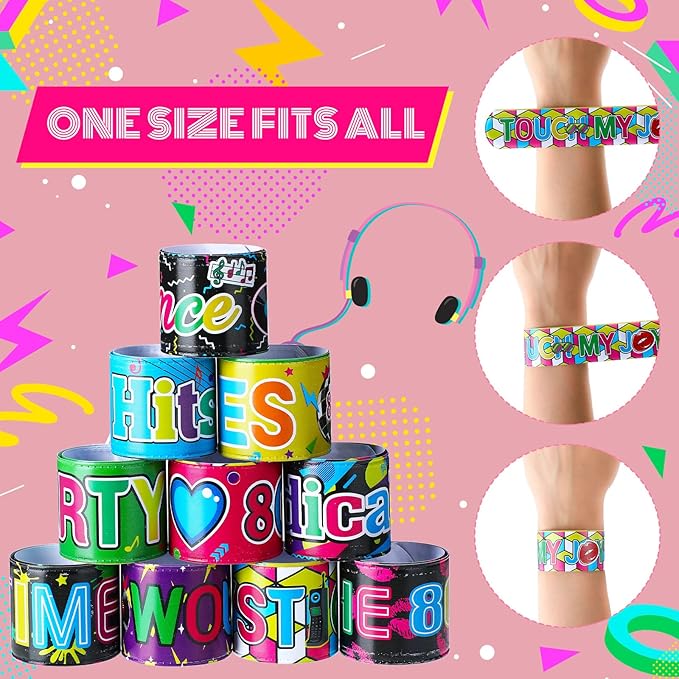 Civaner 40 Pcs 80s 90s Party Favors Slap Bracelets 80s Wristbands Bracelets for Kids Retro Birthday Party Supplies Cute Cassette Tape for 1980s 80s Neon Throwback Adults Birthday Party Supplies