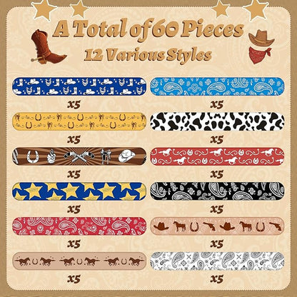 60PCS Western Party Favors Slap Bracelets Cowboy Cowgirl Bracelets Horse Wristbands for Western Themed Party Baby Shower Kids Birthday Party Supplies Decorations