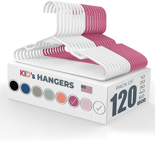 Made in USA Baby Hangers, Kids Hangers for Children's Clothes, Toddler Outfits and Clothing, 20 50 100 Pack Available, Kid Plastic Hanger for Closet and Nursery, Kids Hangars (120pk White/Pink)