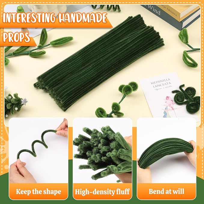 100 Pieces Pipe Cleaners Craft, Sage Green Pipe Cleaners, Chenille Stems for Classroom Craft Supplies Hair Flowers