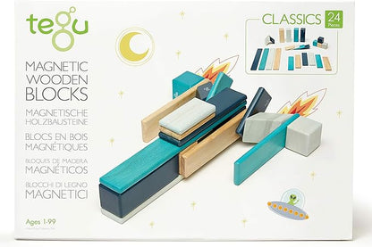 24 Piece Tegu Magnetic Wooden Block Set, Blues, 1-99 years old