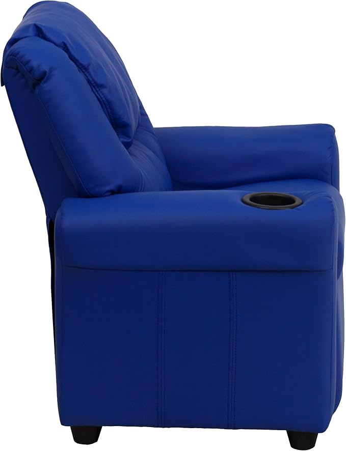 Flash Furniture Vana Vinyl Kids Recliner with Cup Holder, Headrest, and Safety Recline, Contemporary Reclining Chair for Kids, Supports up to 90 lbs., Blue