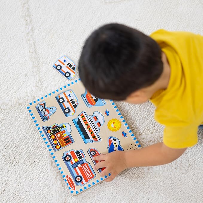 Melissa & Doug Vehicles Sound Puzzle - Wooden Peg Puzzle With Light-Activated Sound Effects (8 pcs) Puzzles for Toddlers, Wooden Puzzles For Kids Ages 2+