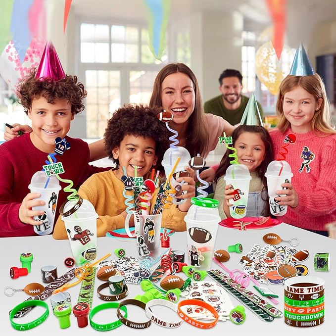 146 Pcs Football Party Favors, Sports Party Supplies with Cup Straw Football Keychain Tattoo Sticker Slap Bracelet Whistle Treat Bag Gifts for Classroom Rewards Football Birthday Party (Football)