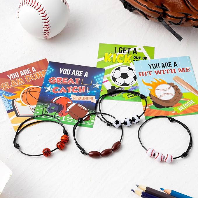 ANGOLIO 56Pcs Valentine's Day Cards for Kids with Ball Sport Bracelets, Valentine Exchange Gifts Classroom with Football Basketball Bracelets, School Friends Exchange Gift Party Favors for Girls Boys