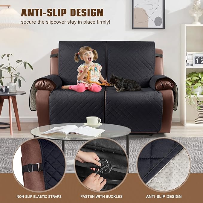 KinCam Waterproof Oversized Loveseat Recliner Cover, Non-Slip Reclining Couch Covers for 2 Seat, Recliner Sofa Cover Furniture Protector with Elastic Straps for Kids, Pets, Black