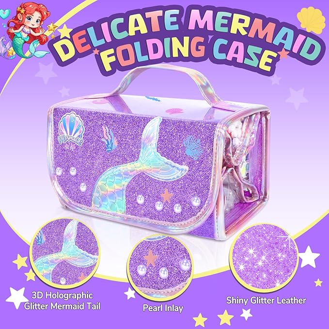 70PCS Mermaid Washable Markers Set with Glitter Pencil Case,Art Supplies for Kids Ages 4-6-8,Drawing Coloring Art Craft Kits for Girls with Marker,Glitter Pens,Crayon,Birthday Gifts Toys for Girls