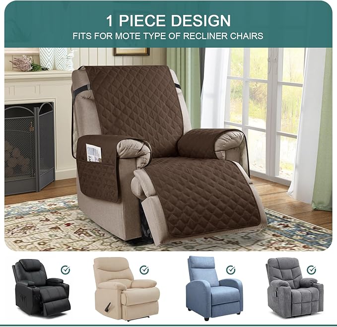 Ruaozz 100% Waterproof Recliner Chair Cover Non-Slip Oversized Reclining Cover for Large Recliner Chair Washable Chair Seat Cover with Elastic Straps for Kids, Dogs, Pets (Dark Brown, 28'')
