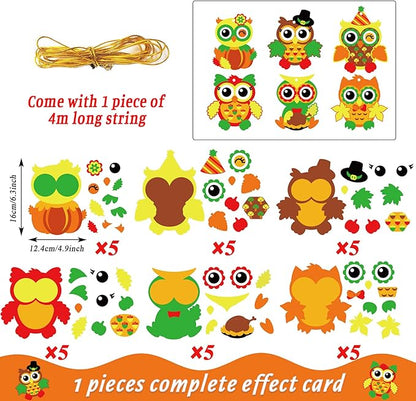 chiazllta 30 Packs Thanksgiving Fall Craft for Kids Thanksgiving Owl DIY Art Craft with Fall Autumn Leaves Pumpkins Stickers Make Your Own Owl Set for Kindergarten Home Class Game Activities