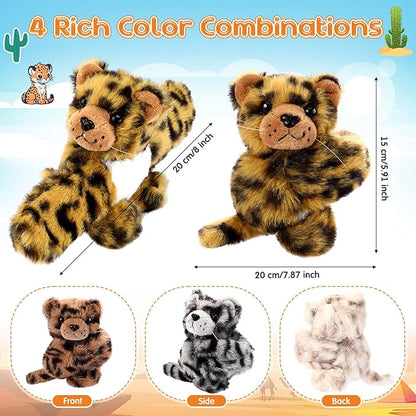 HyDren 4 Pcs Stuffed Animal Slap Bracelets for Kids,8 Inch Plush Snow Leopard Hamster Hugger Slap Bracelets Bulk Toy Hug Snap Wristbands for Girls Boys Birthday Gifts Party Favors(Snow Leopard)