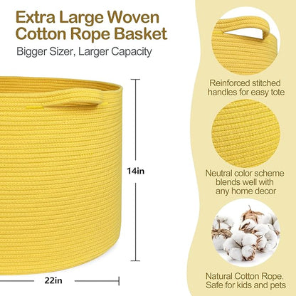 MEGASKET Extra Large Yellow Basket, 22” X 22” X 14” Cotton Rope Yellow Decor for Living Room Bedroom, Woven Basket for Blanket, Laundry, Towel, Shoe, Baby Nursery Toy Organizer, Room Decor Storage Bin