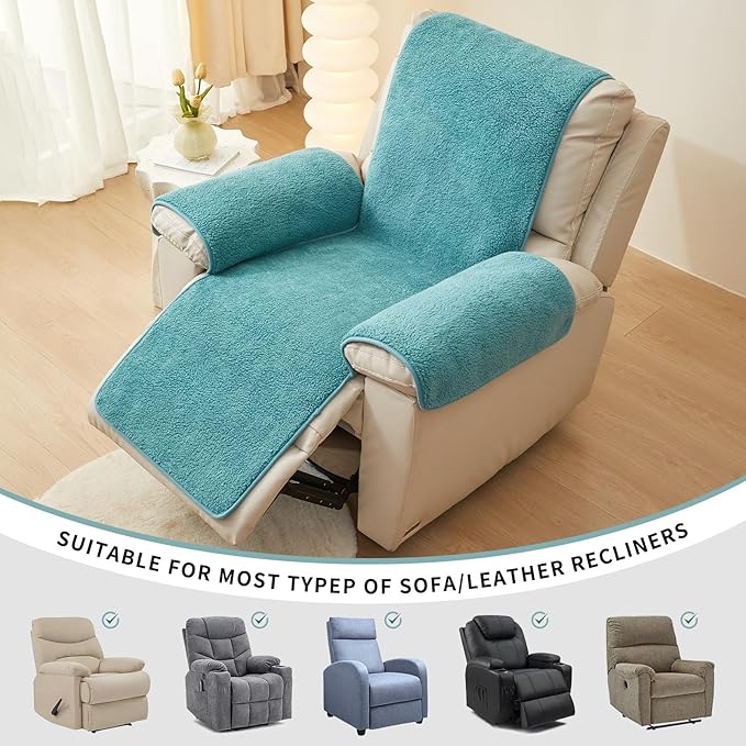 vctops Sherpa Fleece Recliner Chair Cover Super Soft Warm Plush Sofa Slipcover Furniture Protector Non Slip Washable Reclining Chair Cover for Kids, Pets (Lake Blue,30"x91")