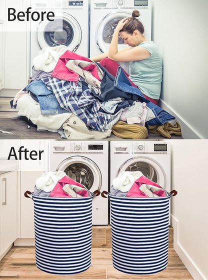 Essme Kids Laundry Hamper,Boys laundry basket,Collapsible Bule storage basket with Waterproof PE Coating,Canvas Fabric Nursery Hamper for Kids Room Decor,Gift,Baby Clothing.(Navy Blue stripes)