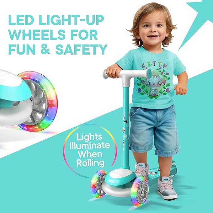 3 Wheel Scooter for Kids, Smooth Light Up LED Front Wheels, Wide Anti Slip Deck, Rear Foot Brake, Easy Lean to Steer Maneuvering, Indoor & Outdoor Ride On Toys for Ages 2 Up,