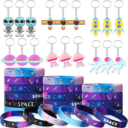 Aoriher 48 Pcs Space Party Favors Outer Space Rubber Bracelets Silicone Wristbands Space Theme Keychains Space Party Goodie Bag Fillers for Galaxy Birthday Party Supplies Boys Girls Classroom Rewards