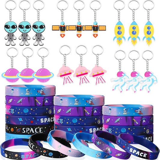 Aoriher 48 Pcs Space Party Favors Outer Space Rubber Bracelets Silicone Wristbands Space Theme Keychains Space Party Goodie Bag Fillers for Galaxy Birthday Party Supplies Boys Girls Classroom Rewards