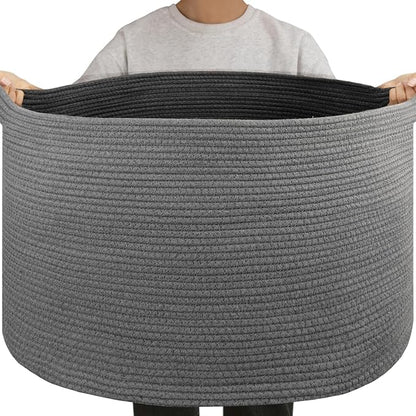 OIAHOMY 105L Blanket Basket for Living Room, Large Basket 23.6" x 23.6" x 14.6" with Handle, Laundry Hamper for Blankets, Pillows, Toy Storage for Kids, Dogs - Grey