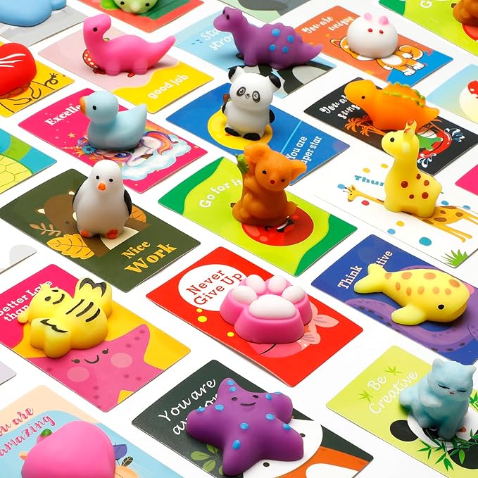 Squishy Toys, 28 Pack Kawaii Squishies and Cards, Gifts for Goodie Bag Stuffers, Party Favors for Kids 4-8 8-12, Treasure Box Classroom Prizes Mochi Squishy Cat Fidget Toys