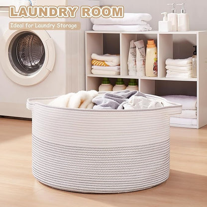 OIASKET Large Blanket Basket with Handles, 22.8" x 22.8" x 13" Woven Storage Basket for Living Room, Cotton Rope Baby Toy Storage for Clothes, Pillows, Towels-Black and White