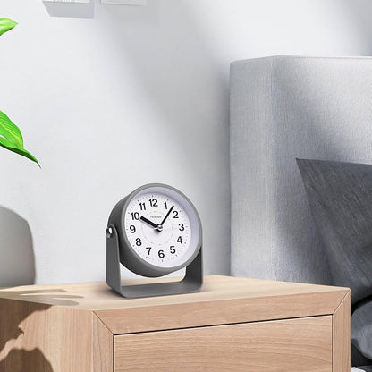 Analog Alarm Clock, Silent Non-Ticking Quartz Movement, Battery-Operated with Snooze & On-Demand Light, Easy to Set Gentle Wake Bedside Desk Clock, Ideal for Home, Travel, Office (Gray)