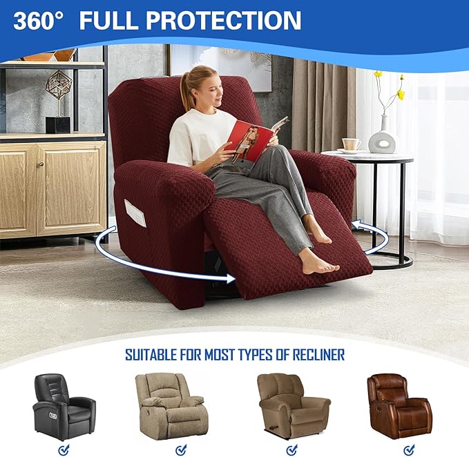 MAXIJIN Recliner Cover Slipcovers for Living Room 4 Pieces Stretch Jacquard Recliner Chair Cover Soft Fitted Recliner Protector with Elastic Bottom for Kids, Pets (Recliner, Wine Red)