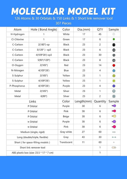 Swpeet 307 Pcs Molecular Model Kit for Organic and Inorganic Chemistry - Chemistry Molecular Model Student and Teacher Set - 126 Atoms & 30 Orbitals & 150 Links & 1 Short Link Remover Tool