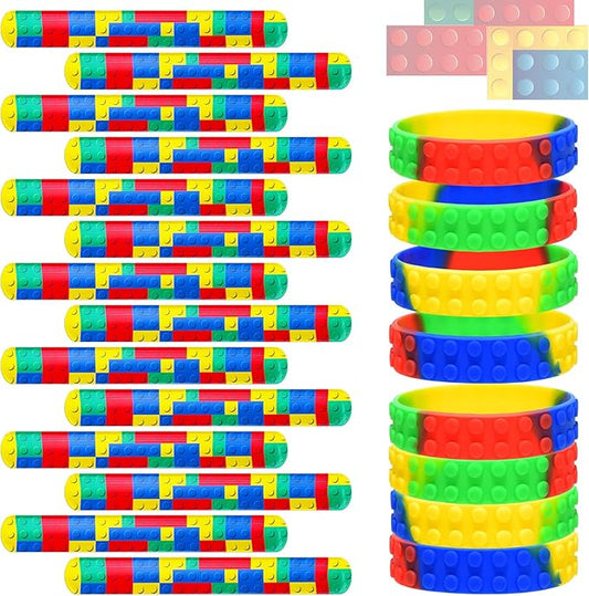 Civaner 48 Pieces Building Blocks Party Favors Building Block Slap Bracelets Silicone Wristband Color Brick Party Slap Bracelet Building Blocks Bracelets for Colorful Birthday Party Favors