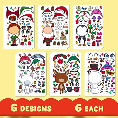 JOYIN 36 Pcs Christmas Make-a-face Sticker Sheets Make Your Own Xmas Characters Mix and Match Sticker with Full Body Design Reindeer, Snowman, Elf, for Kids Party Favor Art Craft Classroom Activities