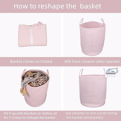 XUANGUO Cotton Rope Laundry Basket Hamper for Clothes Woven Storage Basket for Living Room Bedroom Boho Tall Rope Baskets for Blanket Toys Pillow Towels Baby Nursery Hamper Bin Large light pink