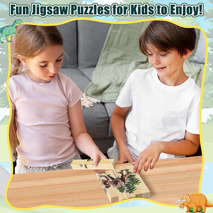 CJiangpo Wooden Dinosaur Chunky Puzzles - 4 in 1 Woodland Dinosaur Puzzle Blocks Sensory Toys for Toddlers 2+ Years, Realistic Animals Building Block Stacking Educational Toy Game for Boy Girl