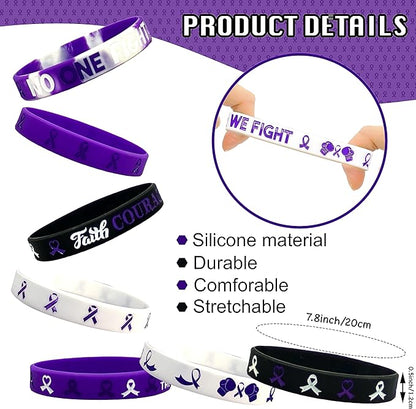 60 Pcs Purple Ribbon Awareness Accessories Stuff Include Purple Ribbon Silicone Bracelet Rubber Wristband and Button Badges Pins for Animal Abuse, Alzheimer's Pancreatic Cancer Gifts Party Supplies
