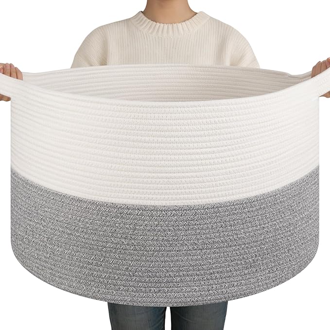 OIAHOMY 90L XXXLarge Blanket Basket for Living Room, 21.7" x 13.8" Woven Cotton Rope Laundry Basket for Organizing Pillows, Decorative Stuffed Animal Toy Storage Bin for Nursery, White and Light Grey
