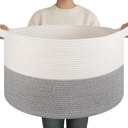 OIAHOMY 90L XXXLarge Blanket Basket for Living Room, 21.7" x 13.8" Woven Cotton Rope Laundry Basket for Organizing Pillows, Decorative Stuffed Animal Toy Storage Bin for Nursery, White and Light Grey