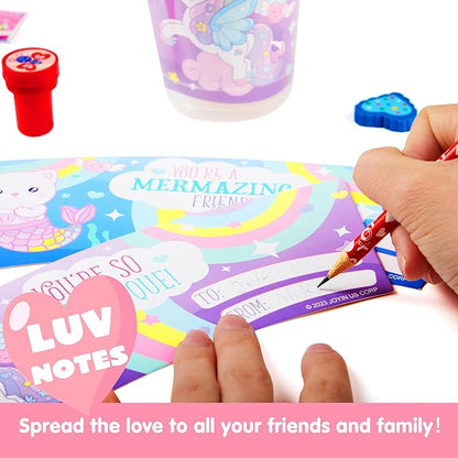 JOYIN 28 Packs Valentine's Day Stationery with Cup and Card, Exchange Gift for Kids with Pencils Stickers Erasers Stampers Sharpener, Holiday Reward Prizes