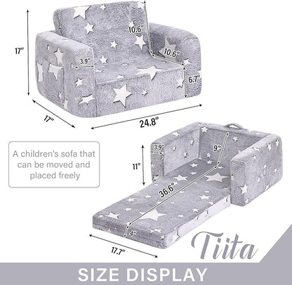 Tiita Kids Chair Couch, Folding Toddler Comfy Sofa Chairs, 2-in-1 Kids Plush Sofa Fold Out, Baby Armrest Chair Sofa to Lounger, Convertible Play Sofas to Bed for Girl or Boy, Grey Star