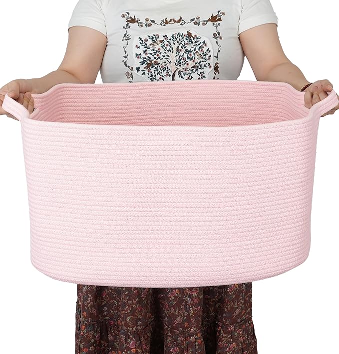 XUANGUO Large Rectangle Blankets Baskets 22"x17"x12" Toy Basket for Kids Woven Cotton Rope Storage Basket for Nursery - Wicker Laundry Baskets for Clothes Towels - Ideal for Living Room Storage pink